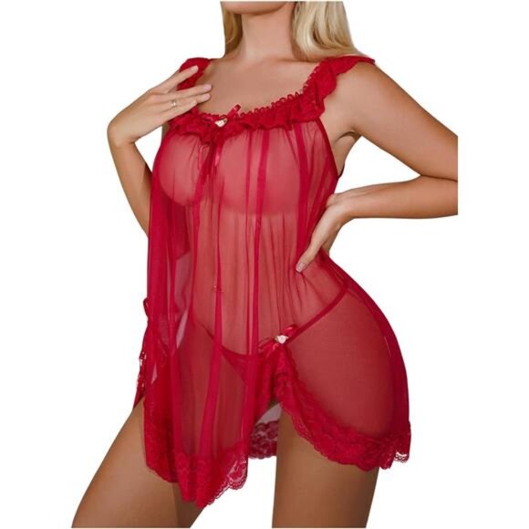 Other - VALENTINE'S DAY Red Lingerie Babydoll Slip Nightie Floral Lace Negligee Large L